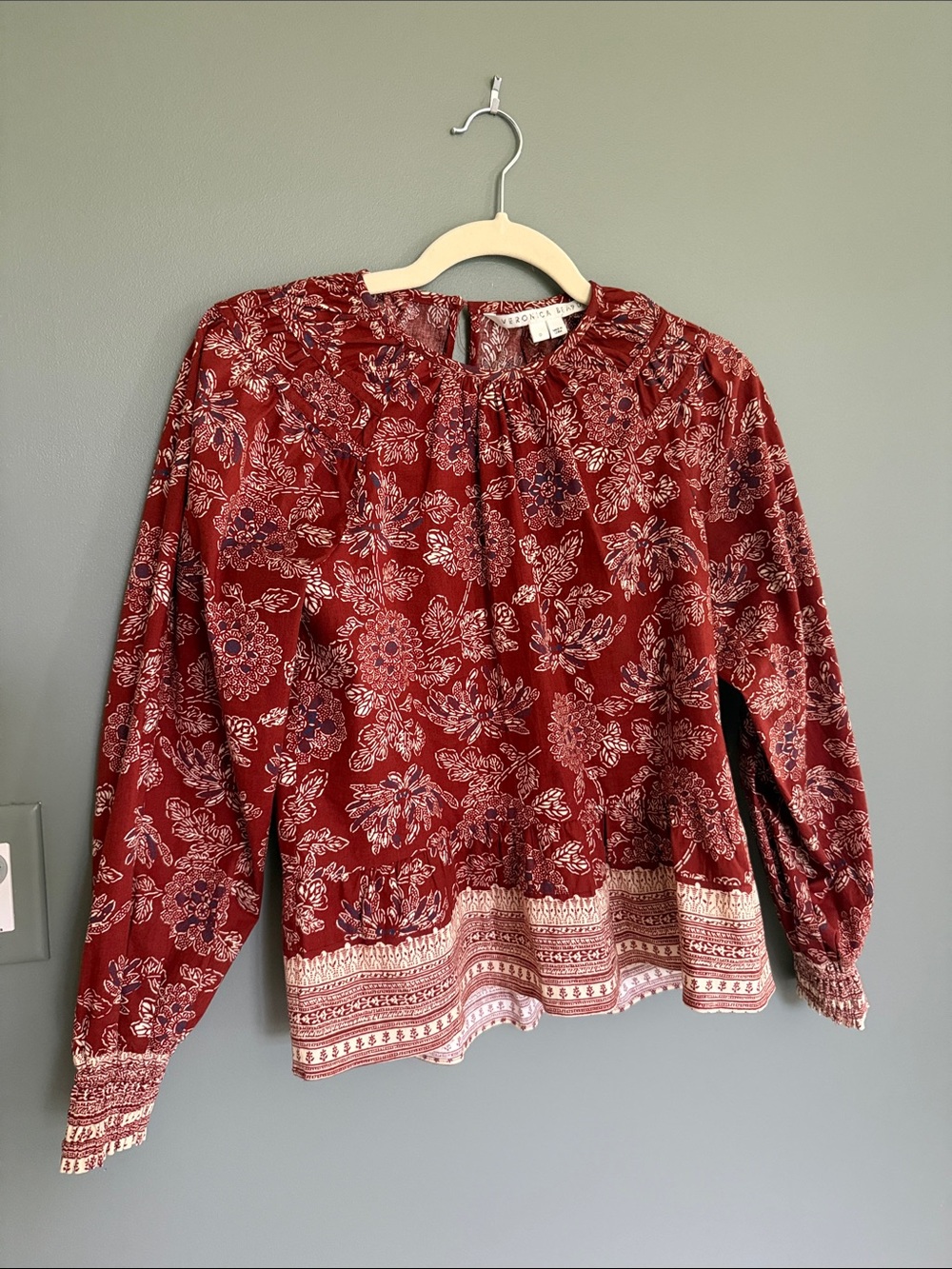 Veronica Beard Burgundy Floral Peasant Blouse